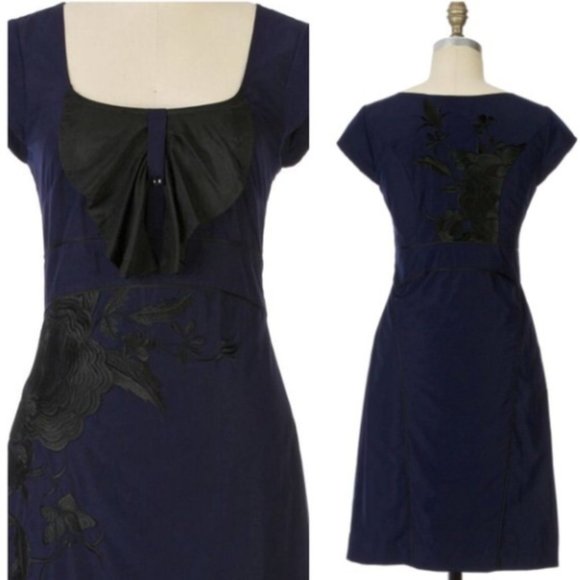 Floreat Anthropologie Sunless Skies Blue Black Floral Embroidered Bow Dress Sz2P - Picture 4 of 7
